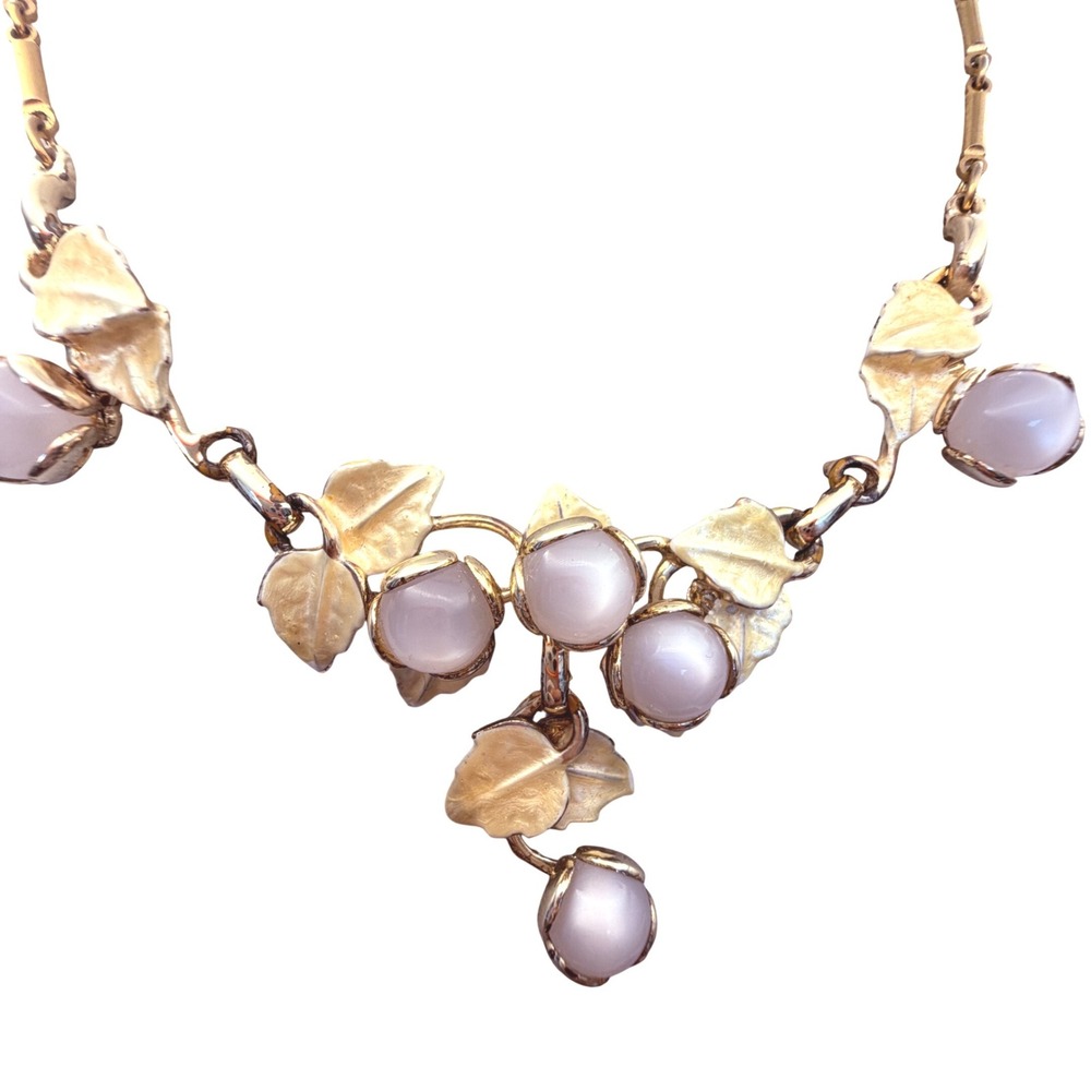 Vintage Gold Tone Leaf Moonstone Cabochon Necklace Botanical Mid Century Style